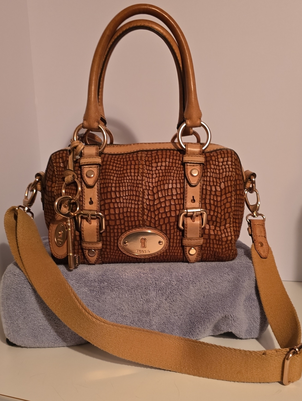 Fossil Brown Croc-Embossed Satchel with Tan Trim